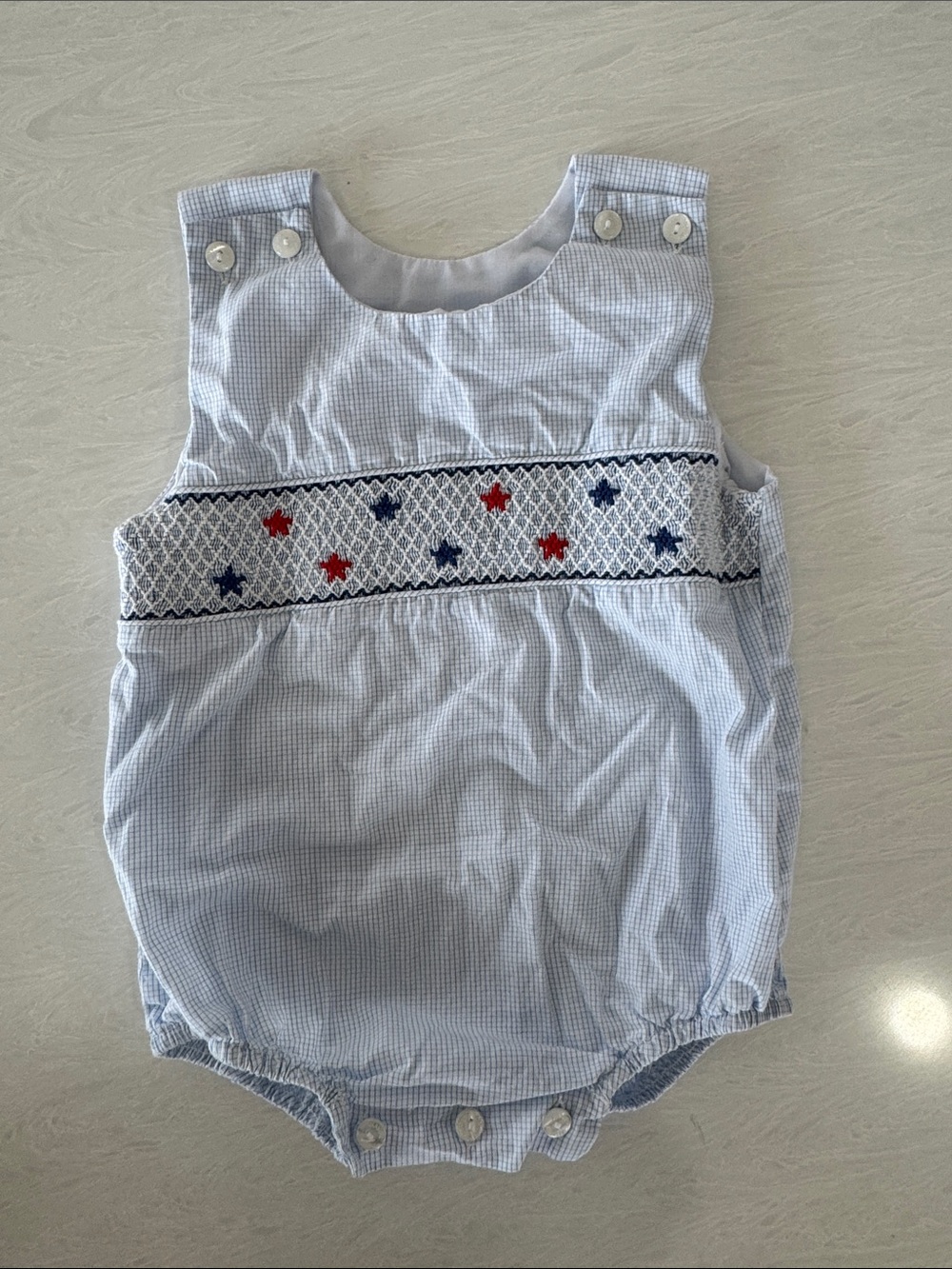 Anavini Hand Smocked Baby Blue Bubble Romper - American Pride 100% Cotton 9month